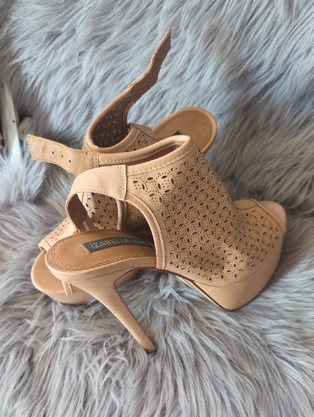 Izabella Rue Nude Laser-Cut Peep-Toe Stiletto Heels